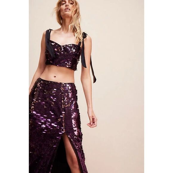 NWT Free People Star Bright Sequin Cropped Top & Maxi Skirt Set in Lilac, Size 4 - Picture 2 of 16